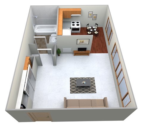 A 3D image of a living room with a couch, coffee table, and staircase.